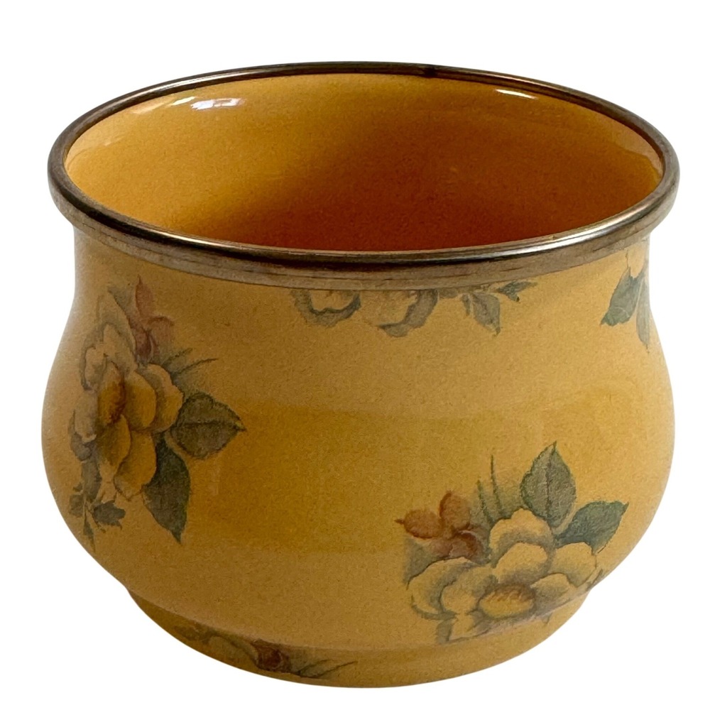 MacKenzie-Childs Morning Glory Enamel Sugar Bowl Yellow Floral Aurora NY Vintage